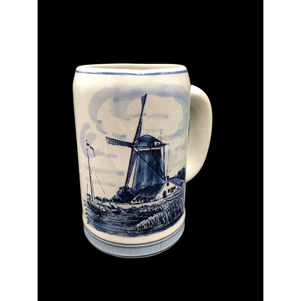 Vintage Hand-Painted Delft Blue Ceramic Mug Stein Windmill Design Holland